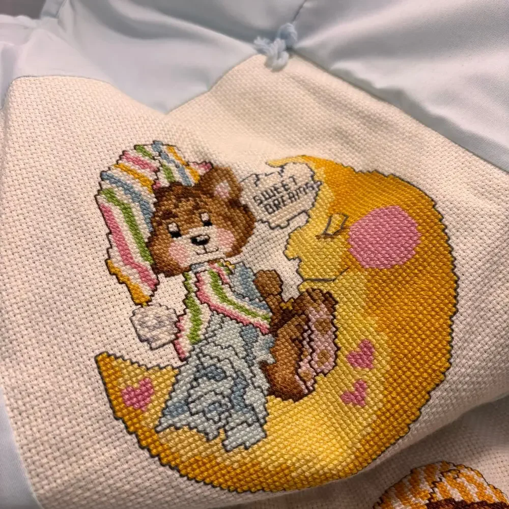 Vintage Baby Quilt Wall Hanging w/ 8 Cross Stitch Panels Bedtime Teddy Bears